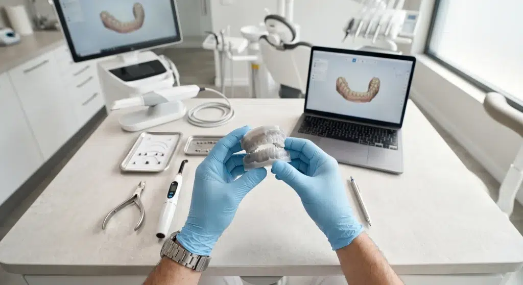 Ortodoncista sosteniendo modelo dental 3D con planificación digital Invisalign en pantalla