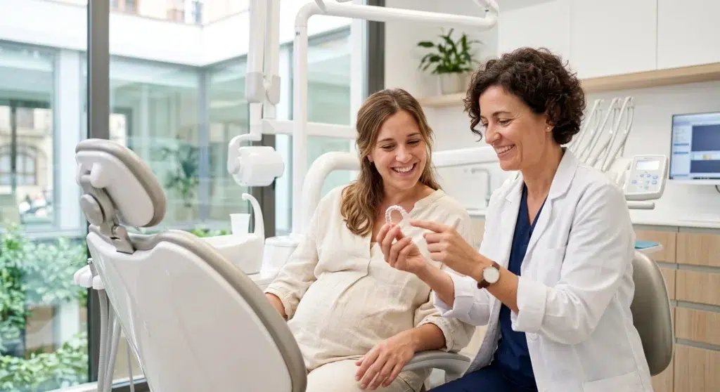 Mujer embarazada con ortodoncista revisando alineador transparente en clínica dental