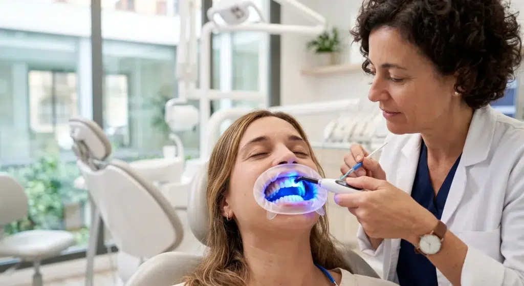 Dentista aplicando blanqueamiento dental con lámpara LED en clínica de Barcelona