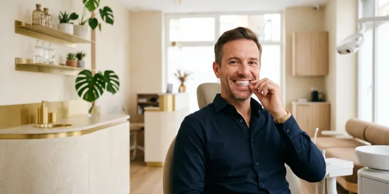 Hombre sonriente colocándose un alineador transparente Invisalign Comprehensive en una clínica dental de Barcelona