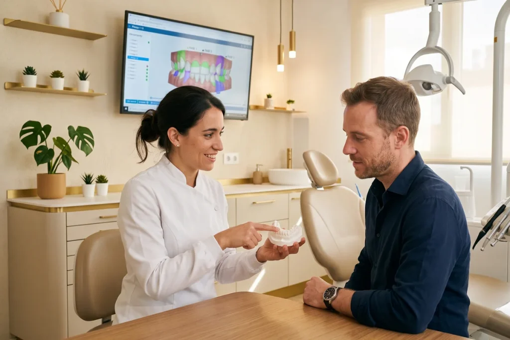 Ortodoncista explicando a un paciente un modelo dental 3D y la planificación digital de un tratamiento Invisalign Comprehensive