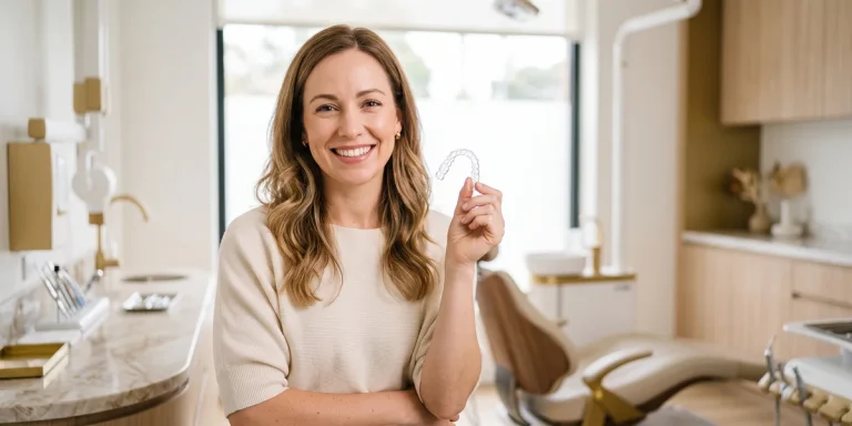 Mujer sonriente sosteniendo un alineador transparente Invisalign Lite en una clínica dental de Barcelona
