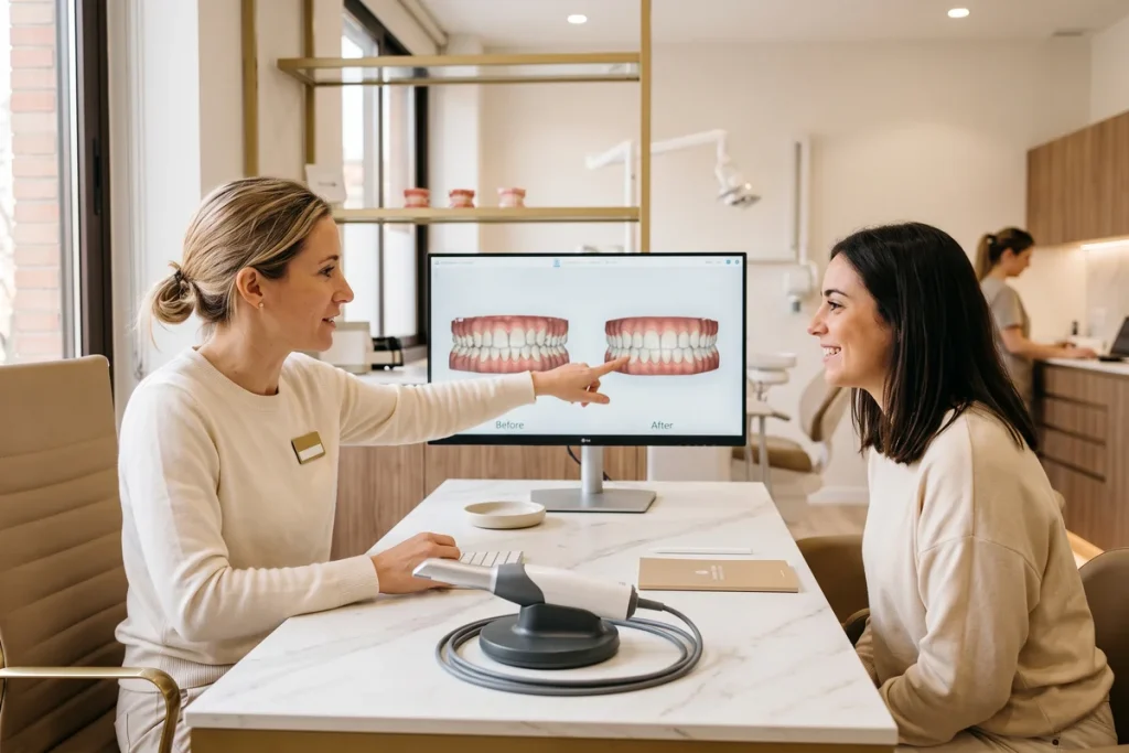 Ortodoncista mostrando a una paciente la simulación 3D antes y después de Invisalign Lite con escáner intraoral