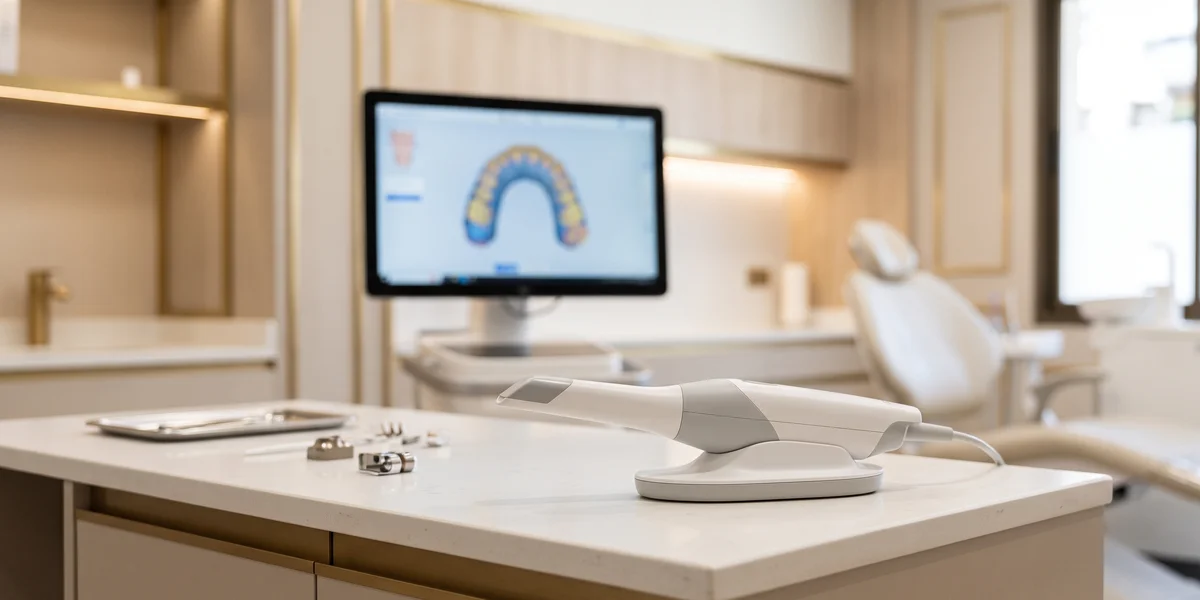 Escáner intraoral iTero sobre la mesa de una clínica dental de Barcelona con la arcada dental en 3D en la pantalla
