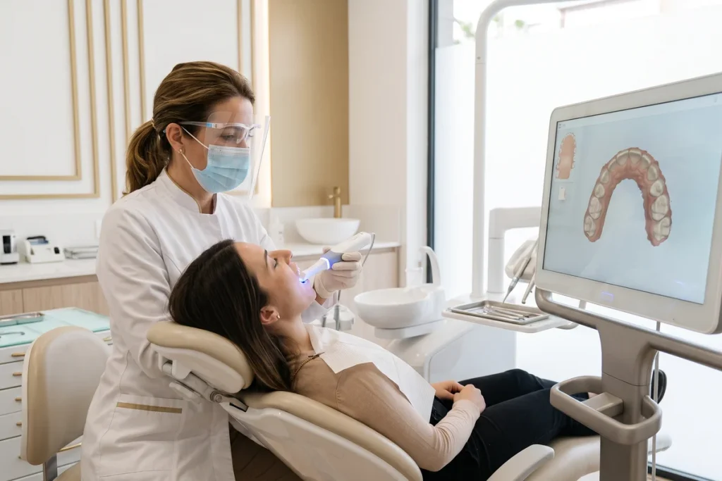 Ortodoncista escaneando la boca de una paciente con el escáner intraoral iTero mientras la arcada aparece en la pantalla