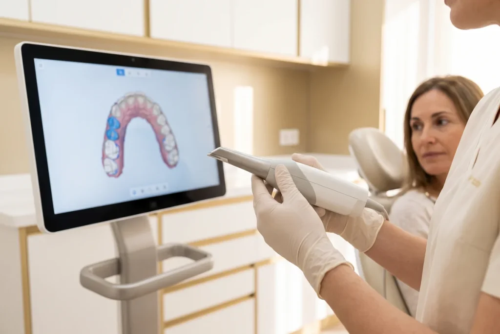 Escáner intraoral en la mano de la ortodoncista junto a una pantalla que muestra la arcada dental en 3D